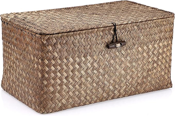 Seagrass Storage Basket Bins with Lid, Handwoven Wicker Shelf Baskets Bin Rectangular Household Basket Organizer Boxes for Shelf Closet Bedroom Home Decor, Whitewash Medium