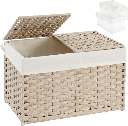 torage Basket with Lid, PE Rattan Woven Storage Baskets with 2 Separate Lids, 17.2 Gallon (65 L), 22.2 x 13 x 13.8 Inches, 2 Removable Liner Bags Handles for Bedroom, Laundry Room Gray