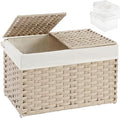 torage Basket with Lid, PE Rattan Woven Storage Baskets with 2 Separate Lids, 17.2 Gallon (65 L), 22.2 x 13 x 13.8 Inches, 2 Removable Liner Bags Handles for Bedroom, Laundry Room Gray