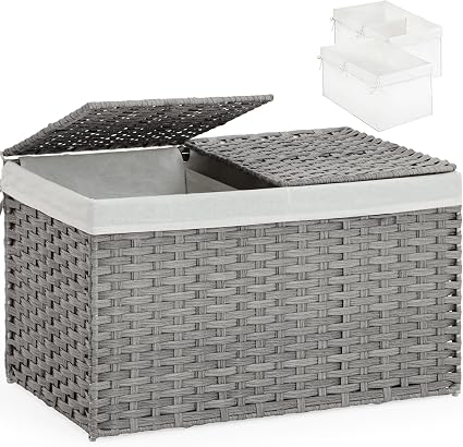 torage Basket with Lid, PE Rattan Woven Storage Baskets with 2 Separate Lids, 17.2 Gallon (65 L), 22.2 x 13 x 13.8 Inches, 2 Removable Liner Bags Handles for Bedroom, Laundry Room Gray